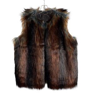 J MCLAUGHLIN SIZE X-LARGE BROWN/BLUE OPEN FRONT FAUX FUR VEST
